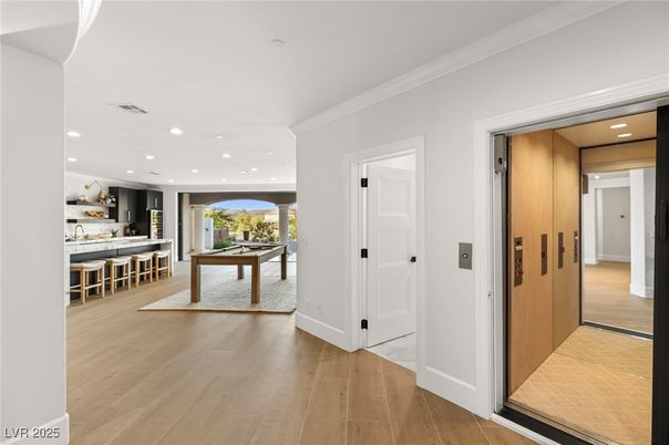 Billiard Table, Elevator, Game Room, Interior, Recessed Lighting, Wood Texture Flooring