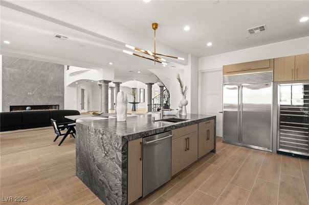 Dining room, Interior, Kitchen, Pendant Lights, Recessed Lighting, Stainless Steel Appliances, Wood Texture Flooring
