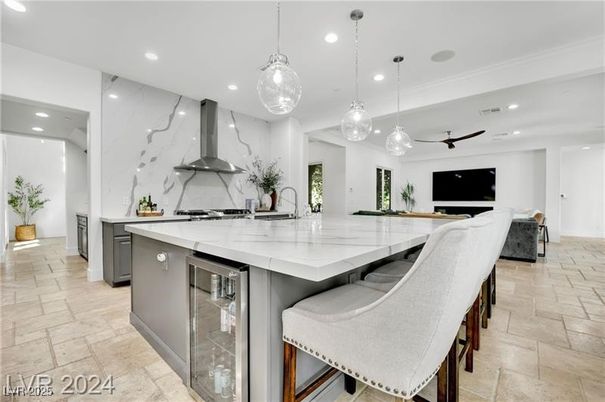 Interior, Kitchen, Marble Walls, Pendant Lights, Recessed Lighting, Stainless Steel Appliances