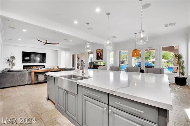 Dining room, Fireplace, Interior, Kitchen, Living room, Pendant Lights, Recessed Lighting, Stainless Steel Appliances