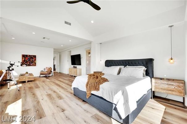 Bedroom, Interior, Pendant Lights, Recessed Lighting, Wood Texture Flooring