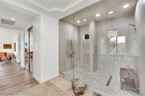 Bathroom, Glass Shower, Interior, Recessed Lighting, Wood Texture Flooring
