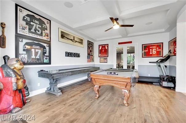 Billiard Table, Fitness Equipment, Game Room, Interior, Recessed Lighting, Wood Texture Flooring