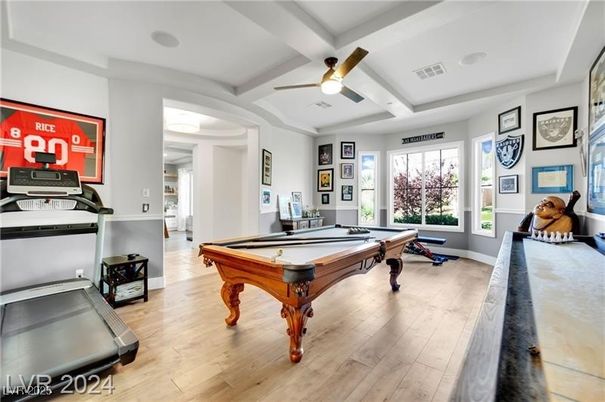Billiard Table, Game Room, Interior, Recessed Lighting, Wood Texture Flooring