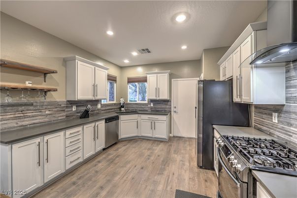 Interior, Kitchen, Recessed Lighting, Stainless Steel Appliances, Wood Texture Flooring