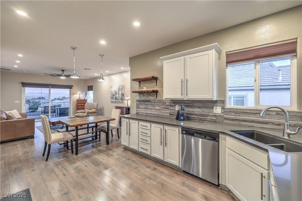 Dining room, Interior, Kitchen, Living room, Pendant Lights, Recessed Lighting, Stainless Steel Appliances, Wood Texture Flooring