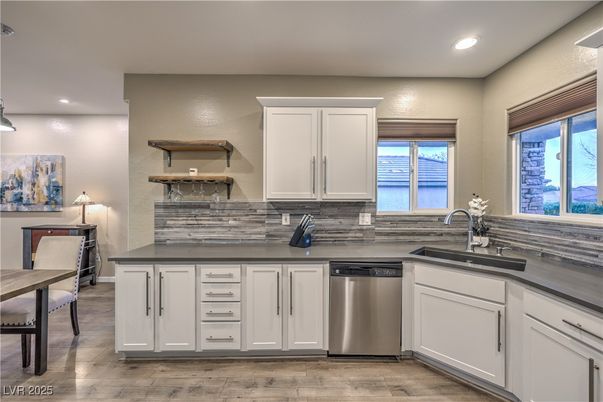 Dining room, Interior, Kitchen, Recessed Lighting, Stainless Steel Appliances, Wood Texture Flooring