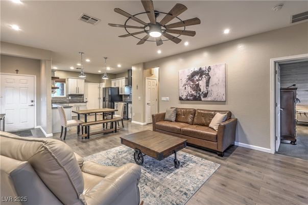 Dining room, Interior, Kitchen, Living room, Pendant Lights, Recessed Lighting, Stainless Steel Appliances, Wood Texture Flooring