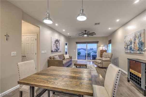 Dining room, Interior, Living room, Pendant Lights, Recessed Lighting, Wood Texture Flooring