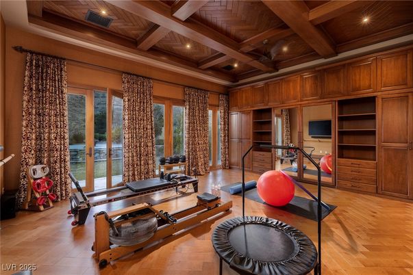 Fitness Equipment, Interior, Recessed Lighting, Wooden Beams, Wooden Ceilings, Wood Texture Flooring
