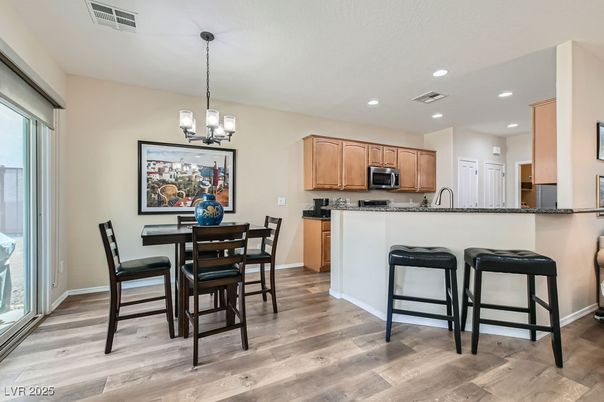 Chandelier, Dining room, Interior, Kitchen, Pendant Lights, Recessed Lighting, Wood Texture Flooring