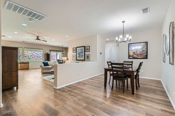 Dining room, Interior, Living room, Pendant Lights, Recessed Lighting, Wood Texture Flooring