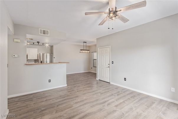 Empty room, Interior, Kitchen, Pendant Lights, Wood Texture Flooring