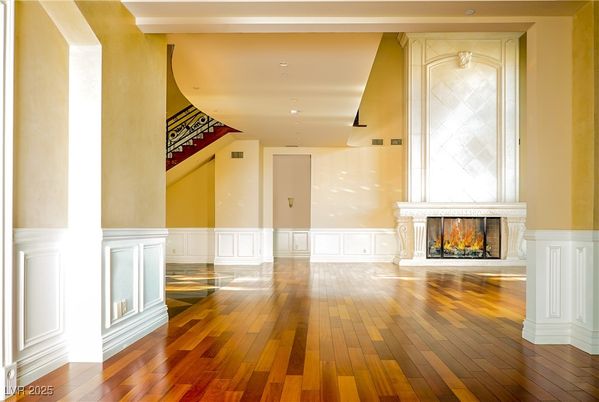 Empty room, Fireplace, Interior, Recessed Lighting, Wood Texture Flooring