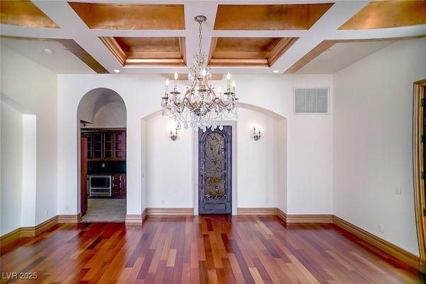Chandelier, Empty room, Interior, Recessed Lighting, Wooden Beams, Wood Texture Flooring