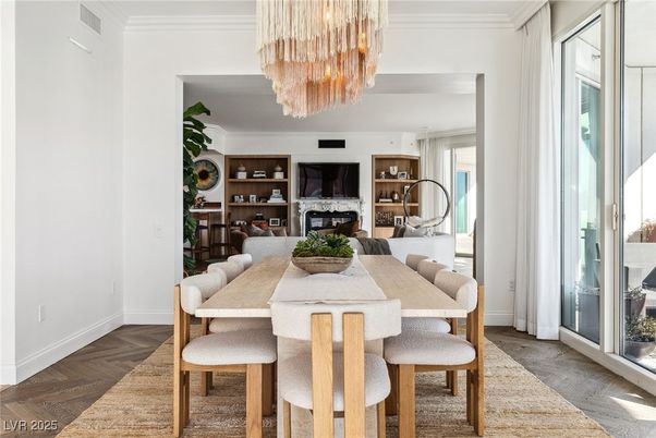 Chandelier, Dining room, Fireplace, Interior, Living room, Wood Texture Flooring