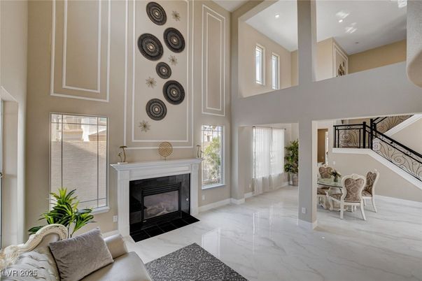 Dining room, Fireplace, Interior, Marble, Recessed Lighting