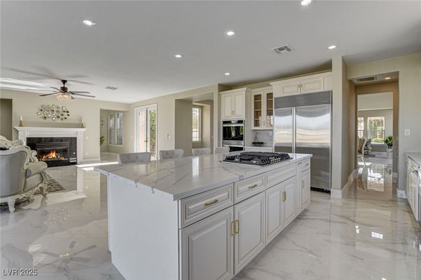 Fireplace, Interior, Kitchen, Living room, Marble, Recessed Lighting, Stainless Steel Appliances