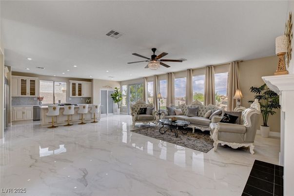 Fireplace, Interior, Kitchen, Living room, Marble, Recessed Lighting