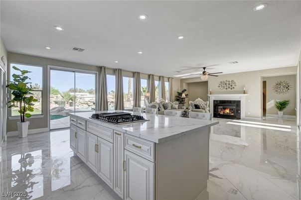 Fireplace, Interior, Kitchen, Living room, Marble, Recessed Lighting