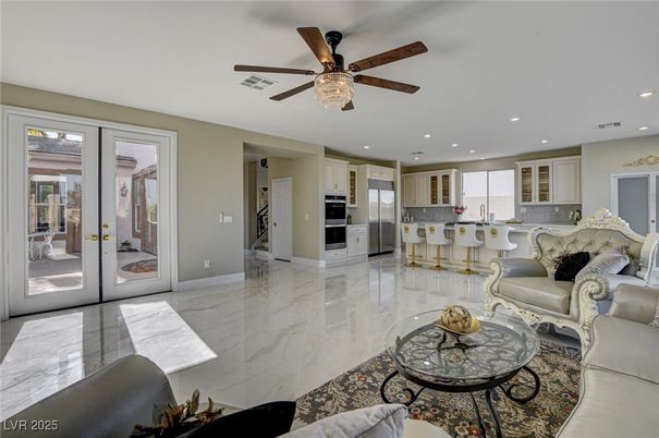 Interior, Kitchen, Living room, Marble, Recessed Lighting, Stainless Steel Appliances