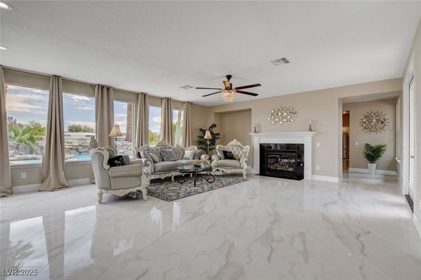 Fireplace, Interior, Living room, Marble, Recessed Lighting