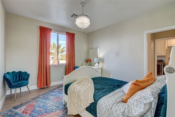 Bedroom, Chandelier, Interior, Wood Texture Flooring
