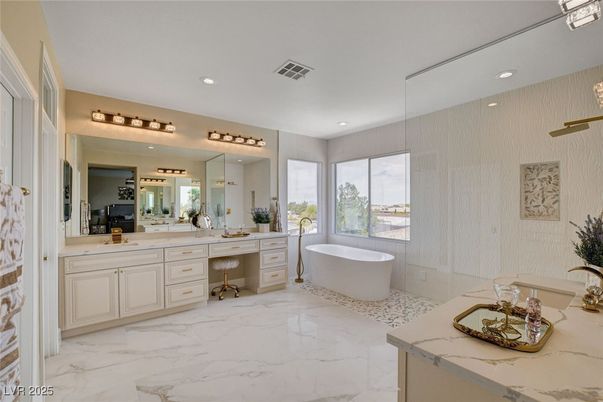 Bathroom, Dual Sink Vanities, Free Standing Baths, Interior, Marble, Recessed Lighting