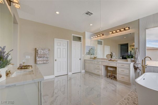 Bathroom, Dual Sink Vanities, Free Standing Baths, Interior, Marble, Recessed Lighting