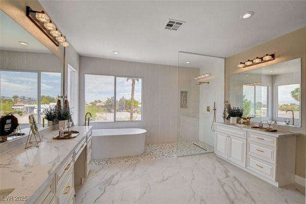 Bathroom, Dual Sink Vanities, Free Standing Baths, Glass Shower, Interior, Marble, Recessed Lighting