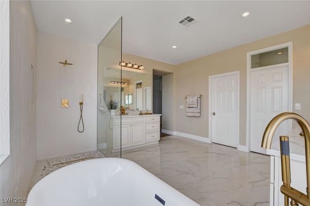 Bathroom, Dual Sink Vanities, Free Standing Baths, Interior, Marble, Recessed Lighting