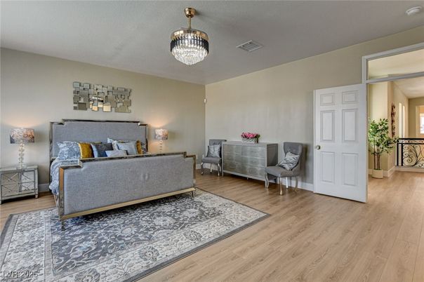 Bedroom, Chandelier, Interior, Wood Texture Flooring