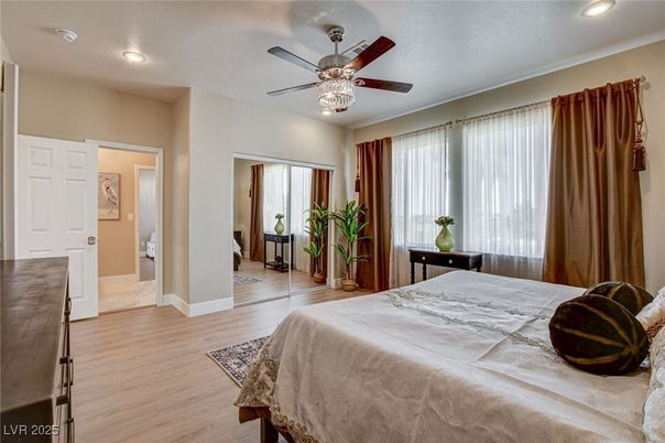 Bedroom, Interior, Recessed Lighting, Wood Texture Flooring