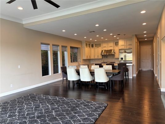Dining room, Interior, Kitchen, Pendant Lights, Recessed Lighting, Stainless Steel Appliances, Wood Texture Flooring