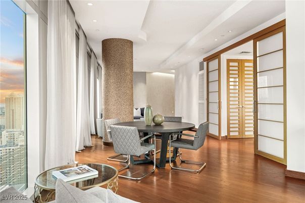 Dining room, Interior, Recessed Lighting, Wood Texture Flooring