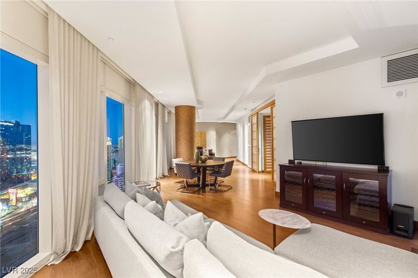 Dining room, Interior, Living room, Recessed Lighting, Wood Texture Flooring