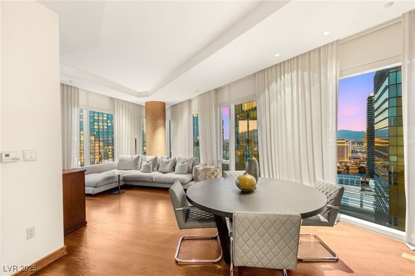 Dining room, Interior, Living room, Recessed Lighting, Wood Texture Flooring