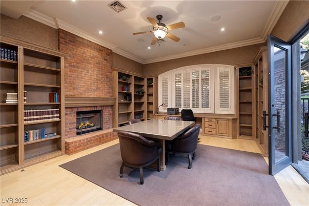 Fireplace, Home Office, Interior, Recessed Lighting, Stone Walls, Wood Texture Flooring
