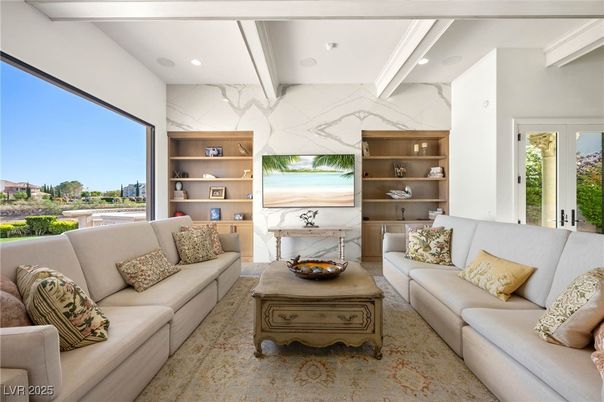 Fireplace, Interior, Living room, Marble Walls, Recessed Lighting