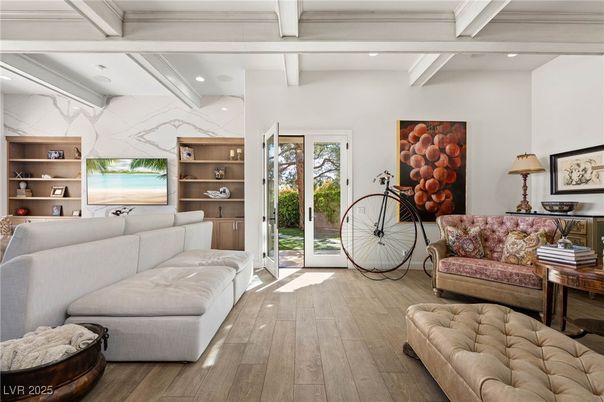 Interior, Living room, Marble Walls, Recessed Lighting, Wood Texture Flooring