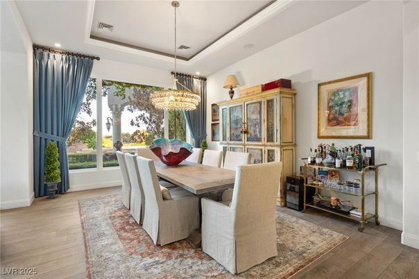 Chandelier, Dining room, Interior, Recessed Lighting, Wood Texture Flooring