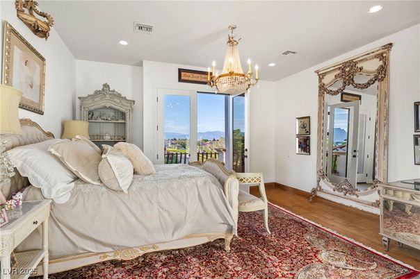 Bedroom, Chandelier, Interior, Recessed Lighting, Wood Texture Flooring