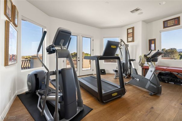 Fitness Equipment, Gym, Interior, Recessed Lighting, Wood Texture Flooring