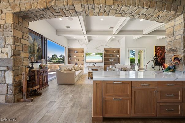 Interior, Living room, Recessed Lighting, Stone Walls, Wood Texture Flooring