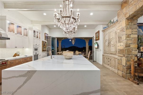 Chandelier, Interior, Kitchen, Recessed Lighting, Stone Walls, Wood Texture Flooring