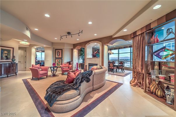 Dining room, Fireplace, Interior, Living room, Recessed Lighting