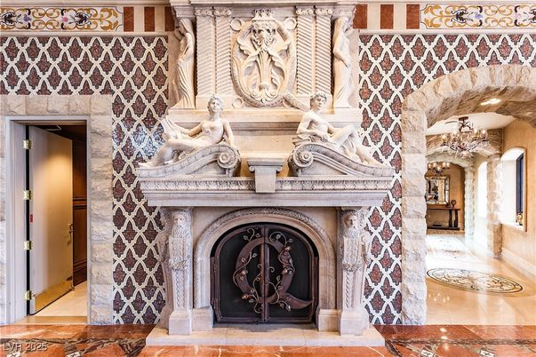 Chandelier, Fireplace, Interior