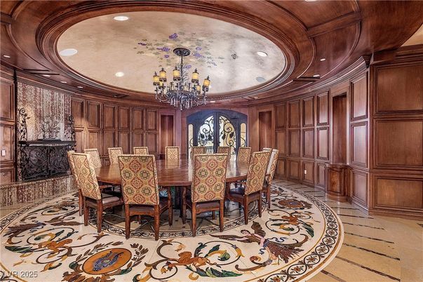 Chandelier, Dining room, Fireplace, Interior, Recessed Lighting, Wooden Ceilings, Wooden Walls