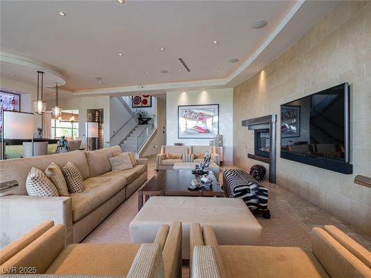 Dining room, Fireplace, Interior, Living room, Pendant Lights, Recessed Lighting, Stone Walls