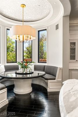 Chandelier, Dining room, Interior, Recessed Lighting, Wood Texture Flooring